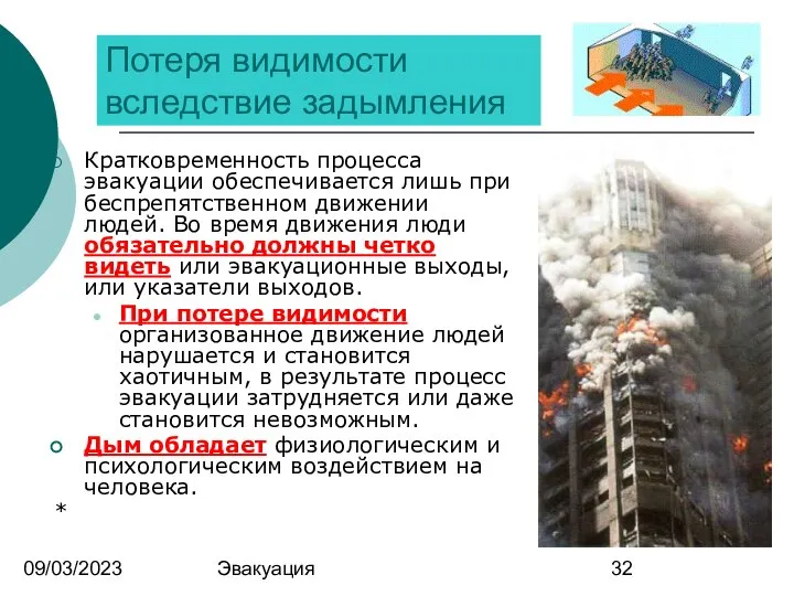 09/03/2023 Эвакуация Потеря видимости вследствие задымления Кратковременность процесса эвакуации обеспечивается лишь