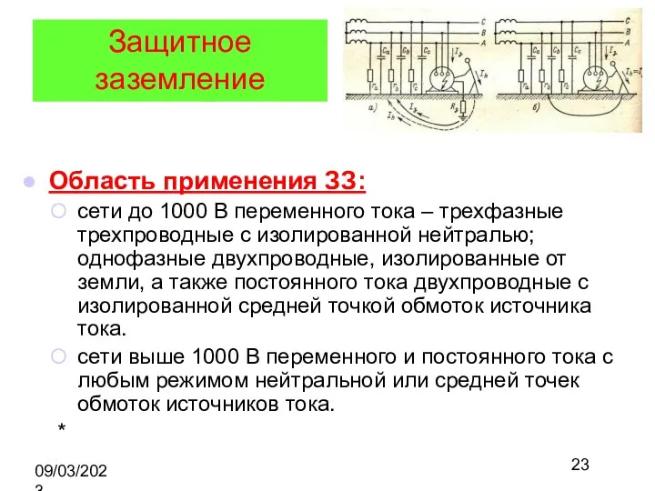 09/03/2023 Защитное заземление Область применения ЗЗ: сети до 1000 В переменного