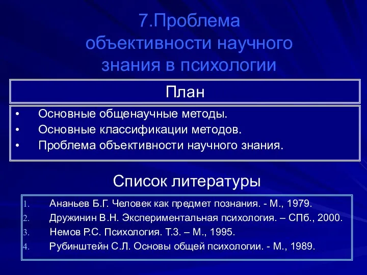 7.Проблема объективности научного знания в психологии План Основные общенаучные методы. Основные