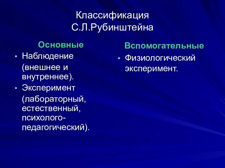 Классификация С.Л.Рубинштейна Основные Наблюдение (внешнее и внутреннее). Эксперимент (лабораторный, естественный, психолого-педагогический). Вспомогательные Физиологический эксперимент.