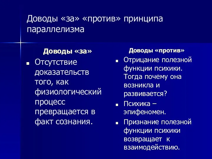 Доводы «за» «против» принципа параллелизма Доводы «за» Отсутствие доказательств того, как