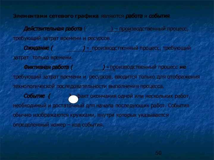 Элементами сетевого графика являются работа и события. Действительная работа ( )