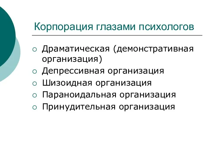 Корпорация глазами психологов Драматическая (демонстративная организация) Депрессивная организация Шизоидная организация Параноидальная организация Принудительная организация