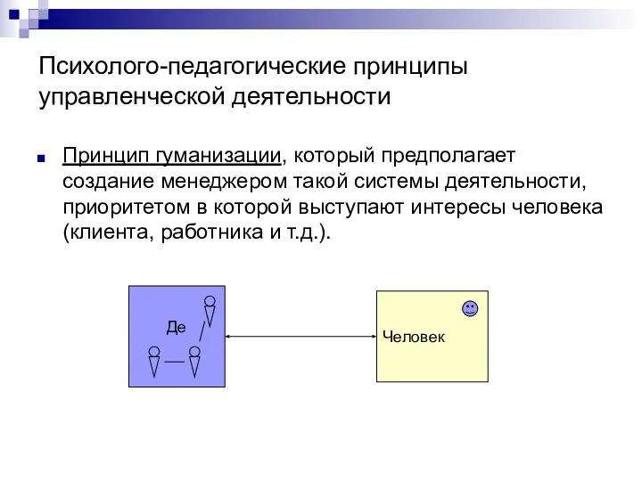 Психолого-педагогические принципы управленческой деятельности Принцип гуманизации, который предполагает создание менеджером такой