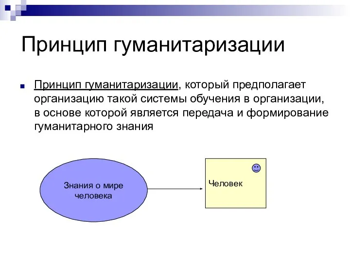 Принцип гуманитаризации Принцип гуманитаризации, который предполагает организацию такой системы обучения в