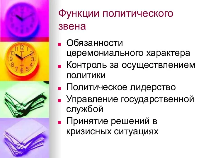 Функции политического звена Обязанности церемониального характера Контроль за осуществлением политики Политическое