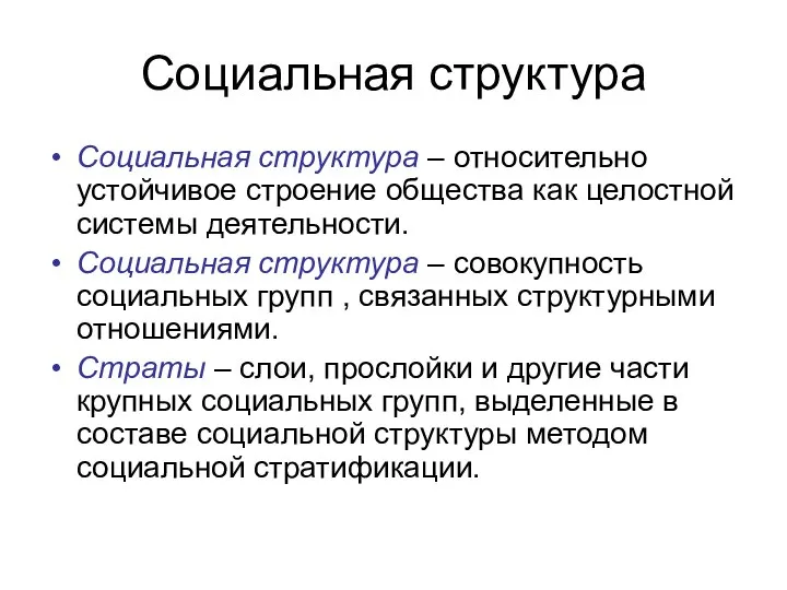 Социальная структура Социальная структура – относительно устойчивое строение общества как целостной