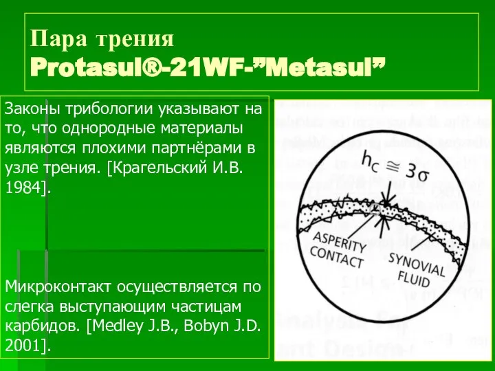 Пара трения Protasul®-21WF-”Metasul” Законы трибологии указывают на то, что однородные материалы