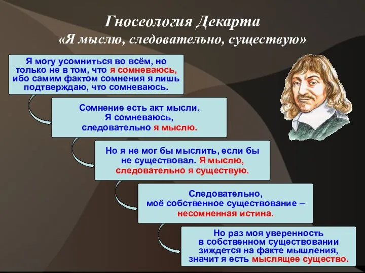 Сомнение есть акт мысли. Я сомневаюсь, следовательно я мыслю. Следовательно, моё