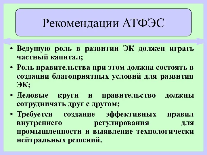 Ведущую роль в развитии ЭК должен играть частный капитал; Роль правительства