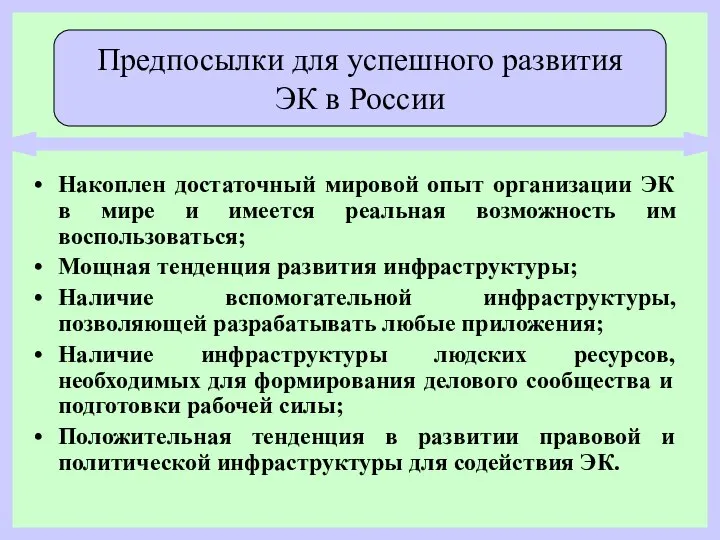 Накоплен достаточный мировой опыт организации ЭК в мире и имеется реальная