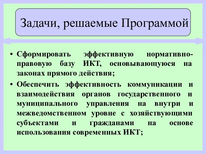 Сформировать эффективную нормативно-правовую базу ИКТ, основывающуюся на законах прямого действия; Обеспечить