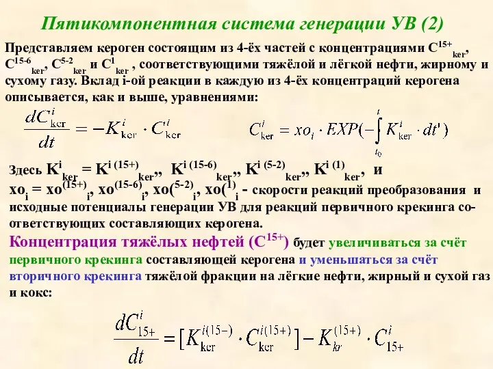 Пятикомпонентная система генерации УВ (2) Представляем кероген состоящим из 4-ёх частей