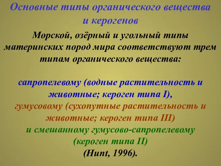 Основные типы органического вещества и керогенов . Морской, озёрный и угольный