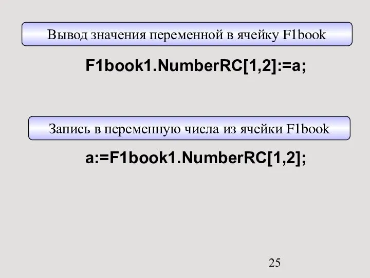 F1book1.NumberRC[1,2]:=a; a:=F1book1.NumberRC[1,2]; Вывод значения переменной в ячейку F1book Запись в переменную числа из ячейки F1book