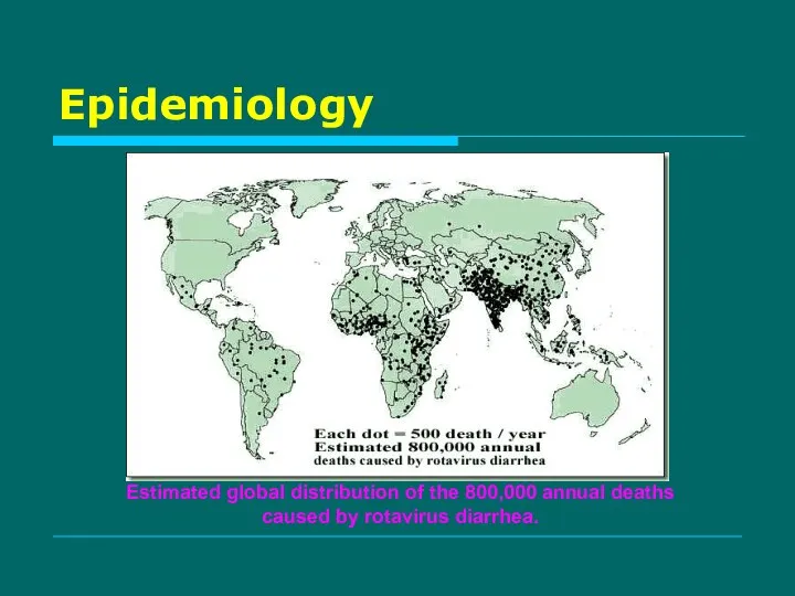 Epidemiology Estimated global distribution of the 800,000 annual deaths caused by rotavirus diarrhea.