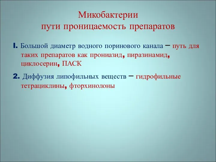 Микобактерии пути проницаемость препаратов I. Большой диаметр водного поринового канала –