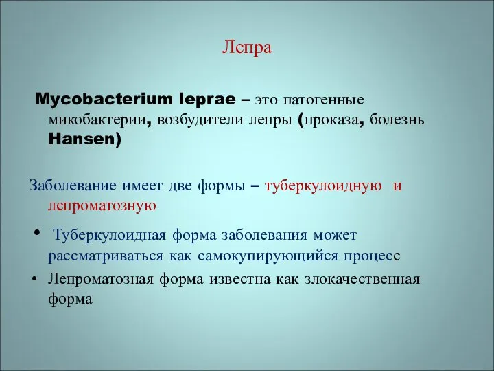 Лепра Mycobacterium leprae – это патогенные микобактерии, возбудители лепры (проказа, болезнь