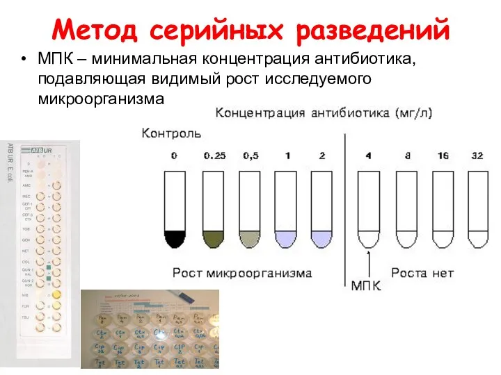 Метод серийных разведений МПК – минимальная концентрация антибиотика, подавляющая видимый рост исследуемого микроорганизма