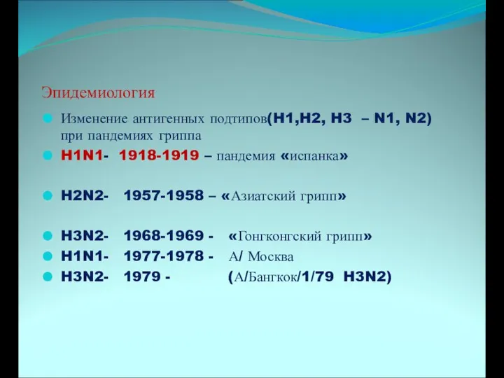 Эпидемиология Изменение антигенных подтипов(H1,H2, H3 – N1, N2) при пандемиях гриппа