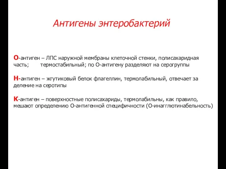 Антигены энтеробактерий О-антиген – ЛПС наружной мембраны клеточной стенки, полисахаридная часть;