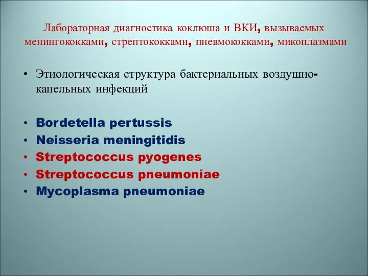 Этиологическая структура бактериальных воздушно-капельных инфекций Bordetella pertussis Neisseria meningitidis Streptococcus pyogenes