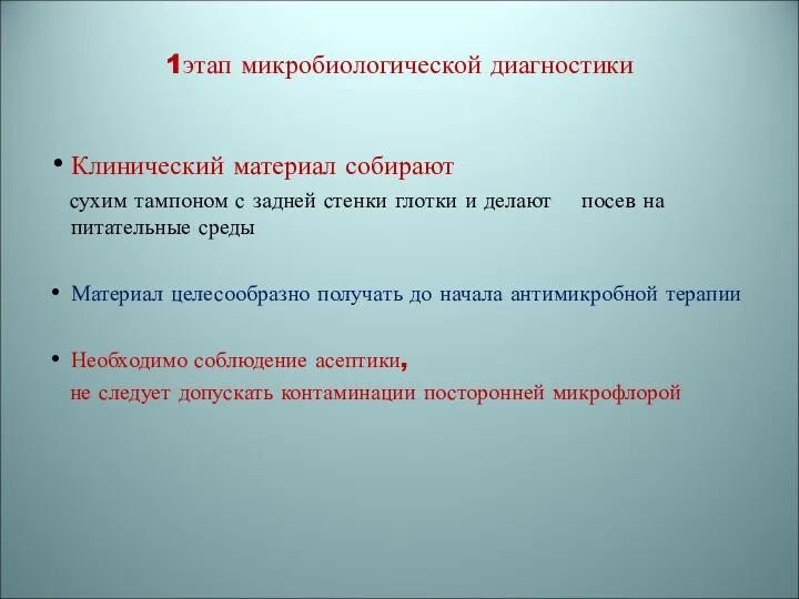 1этап микробиологической диагностики Клинический материал собирают сухим тампоном с задней стенки