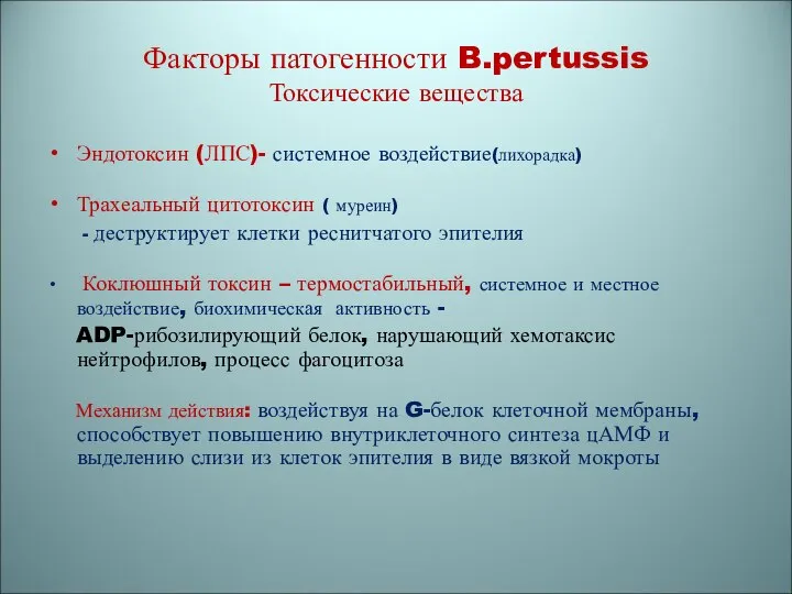 Факторы патогенности B.pertussis Токсические вещества Эндотоксин (ЛПС)- системное воздействие(лихорадка) Трахеальный цитотоксин