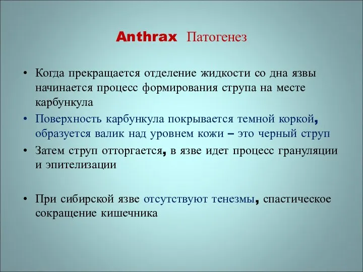 Anthrax Патогенез Когда прекращается отделение жидкости со дна язвы начинается процесс