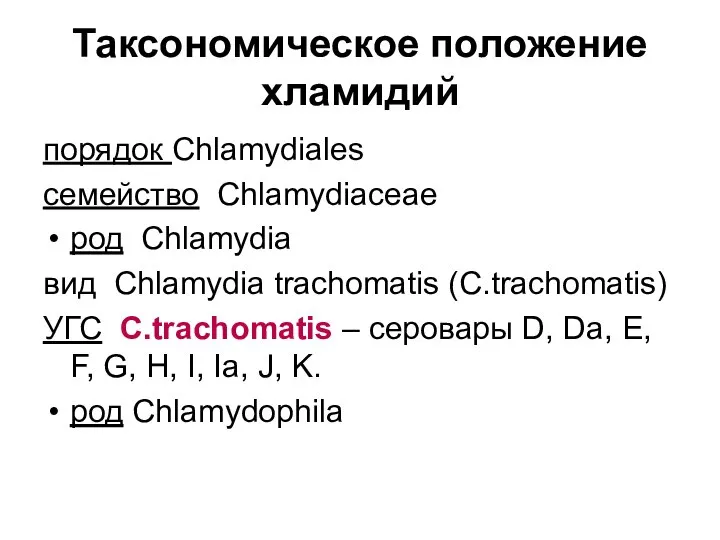 Таксономическое положение хламидий порядок Chlamydiales семейство Chlamydiaceae род Chlamydia вид Chlamydia