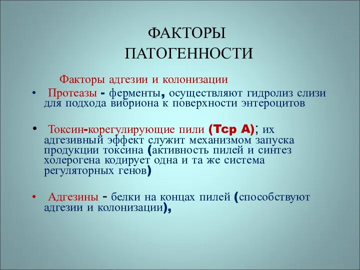 ФАКТОРЫ ПАТОГЕННОСТИ Факторы адгезии и колонизации Протеазы - ферменты, осуществляют гидролиз