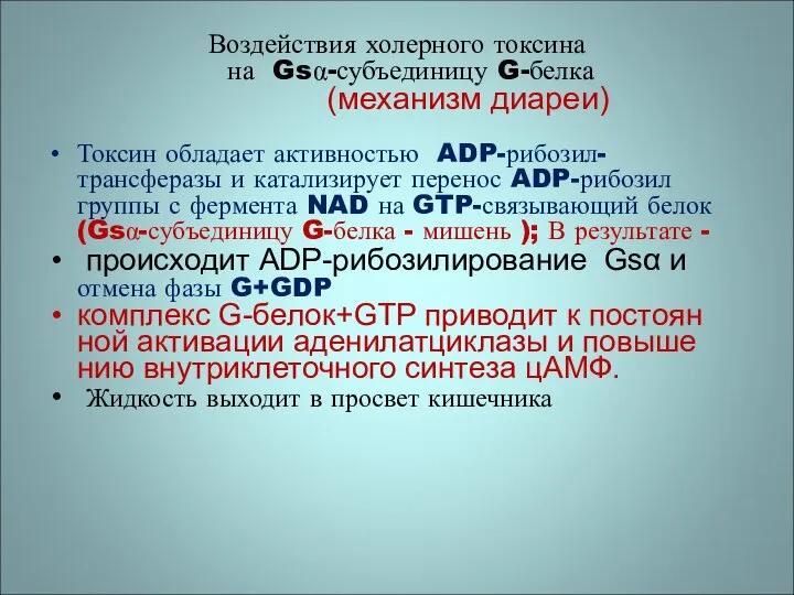 Воздействия холерного токсина на Gsα-субъединицу G-белка (механизм диареи) Токсин обладает активностью