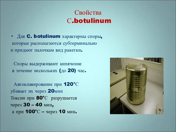 Свойства С.botulinum Для C. botulinum характерны споры, которые располагаются субтерминально и