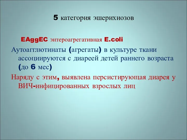 5 категория эшерихиозов EAggEC энтероагрегативная E.coli Аутоагглютинаты (агрегаты) в культуре ткани