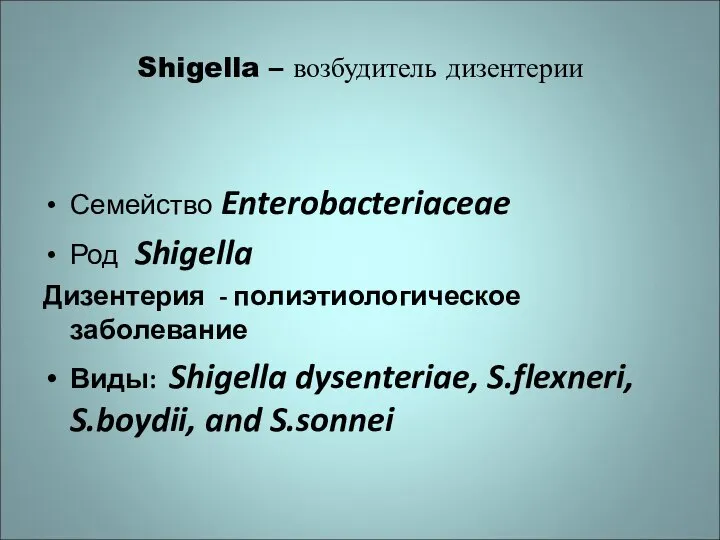 Shigella – возбудитель дизентерии Семейство Enterobacteriaceae Род Shigella Дизентерия - полиэтиологическое