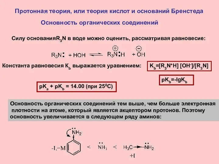 Протонная теория, или теория кислот и оснований Бренстеда Основность органических соединений