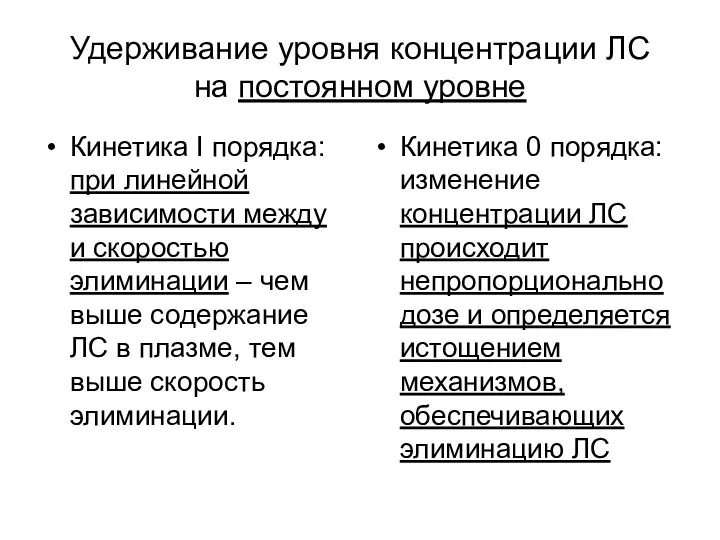 Удерживание уровня концентрации ЛС на постоянном уровне Кинетика I порядка: при