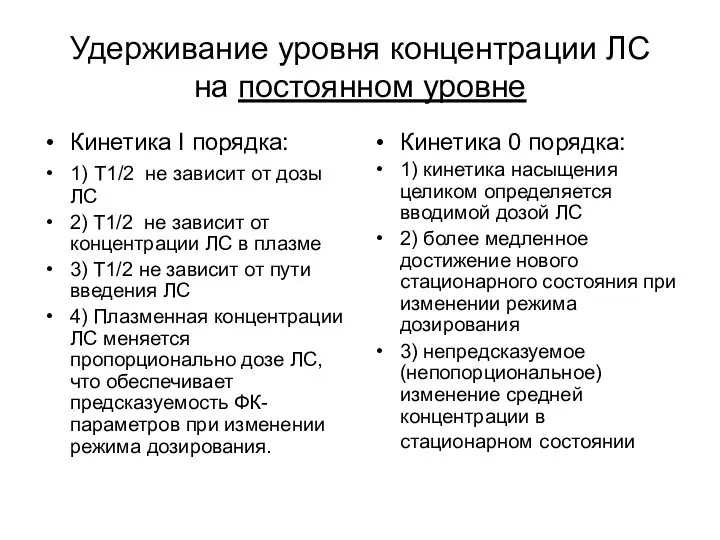 Удерживание уровня концентрации ЛС на постоянном уровне Кинетика I порядка: 1)