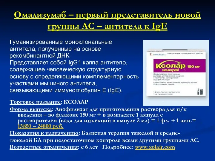 Омализумаб – первый представитель новой группы ЛС – антитела к IgE