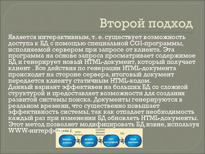 Второй подход Является интерактивным, т. е. существует возможность доступа к БД