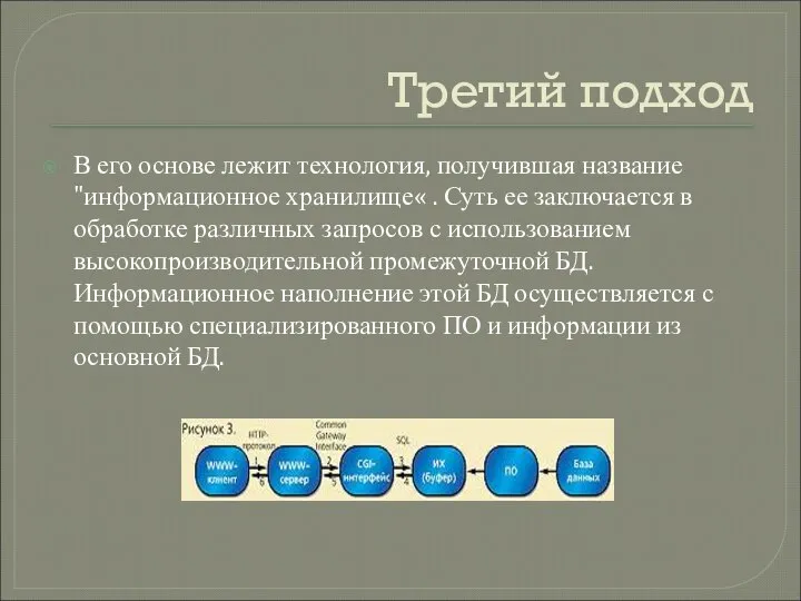 Третий подход В его основе лежит технология, получившая название "информационное хранилище«