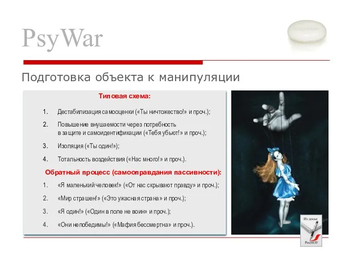 PsyWar Подготовка объекта к манипуляции Типовая схема: Дестабилизация самооценки («Ты ничтожество!»