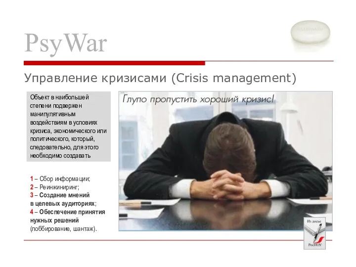 PsyWar Управление кризисами (Crisis management) 1 – Сбор информации; 2 –