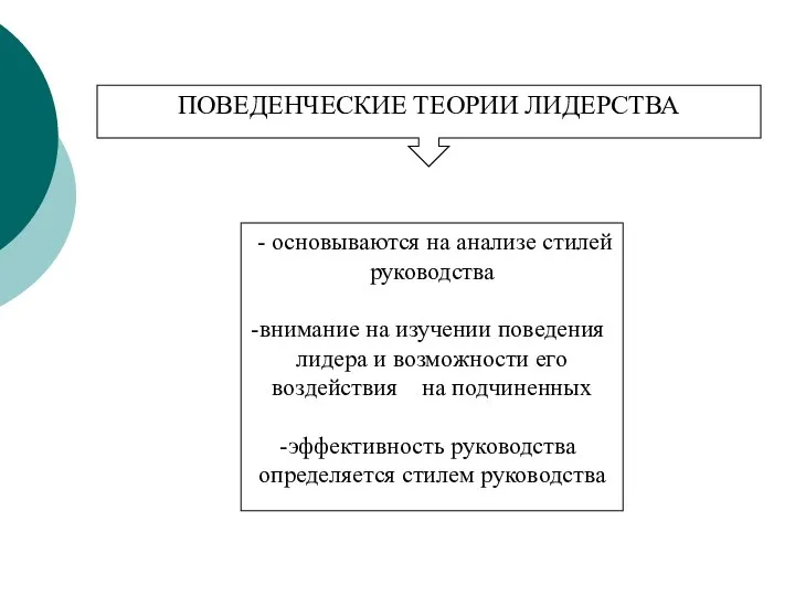 ПОВЕДЕНЧЕСКИЕ ТЕОРИИ ЛИДЕРСТВА - основываются на анализе стилей руководства внимание на