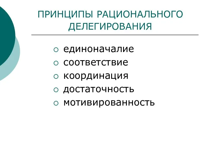 ПРИНЦИПЫ РАЦИОНАЛЬНОГО ДЕЛЕГИРОВАНИЯ единоначалие соответствие координация достаточность мотивированность