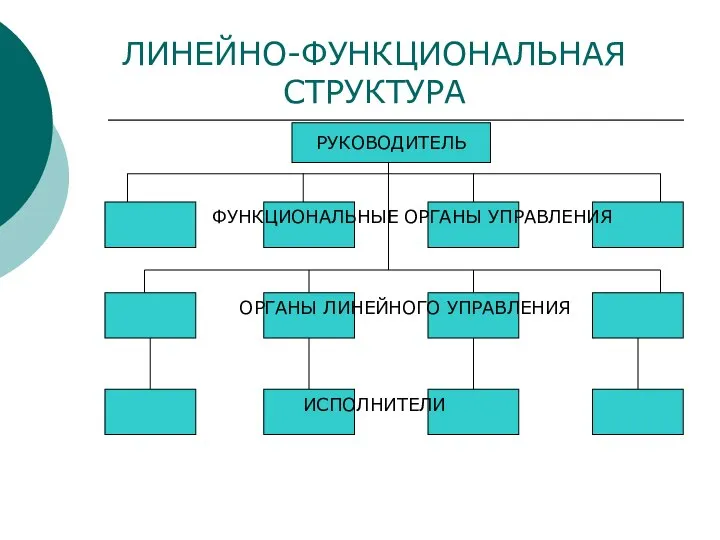 ЛИНЕЙНО-ФУНКЦИОНАЛЬНАЯ СТРУКТУРА РУКОВОДИТЕЛЬ ФУНКЦИОНАЛЬНЫЕ ОРГАНЫ УПРАВЛЕНИЯ ОРГАНЫ ЛИНЕЙНОГО УПРАВЛЕНИЯ ИСПОЛНИТЕЛИ