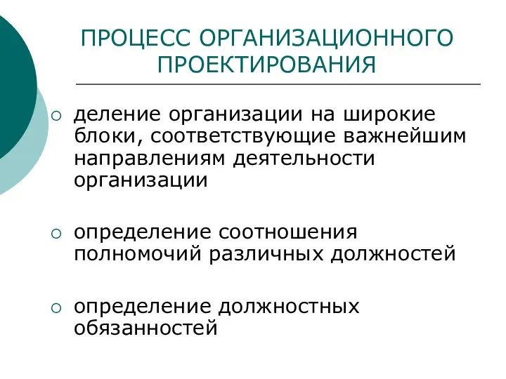 ПРОЦЕСС ОРГАНИЗАЦИОННОГО ПРОЕКТИРОВАНИЯ деление организации на широкие блоки, соответствующие важнейшим направлениям