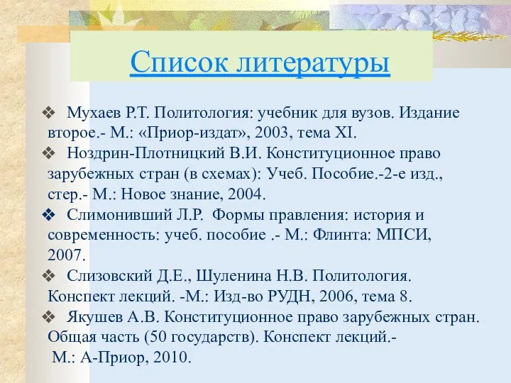 Список литературы Мухаев Р.Т. Политология: учебник для вузов. Издание второе.- М.: