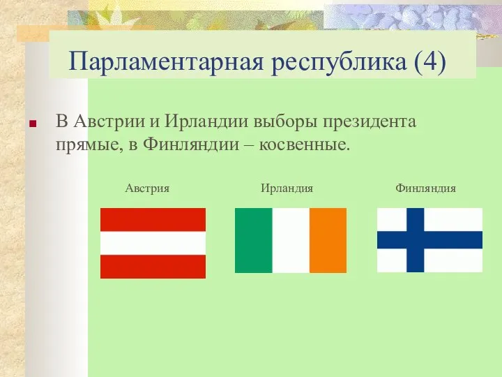 Парламентарная республика (4) В Австрии и Ирландии выборы президента прямые, в