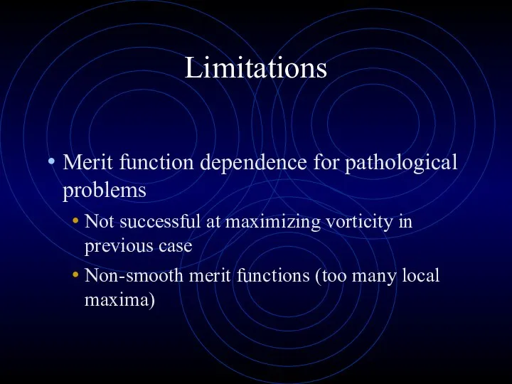 Limitations Merit function dependence for pathological problems Not successful at maximizing